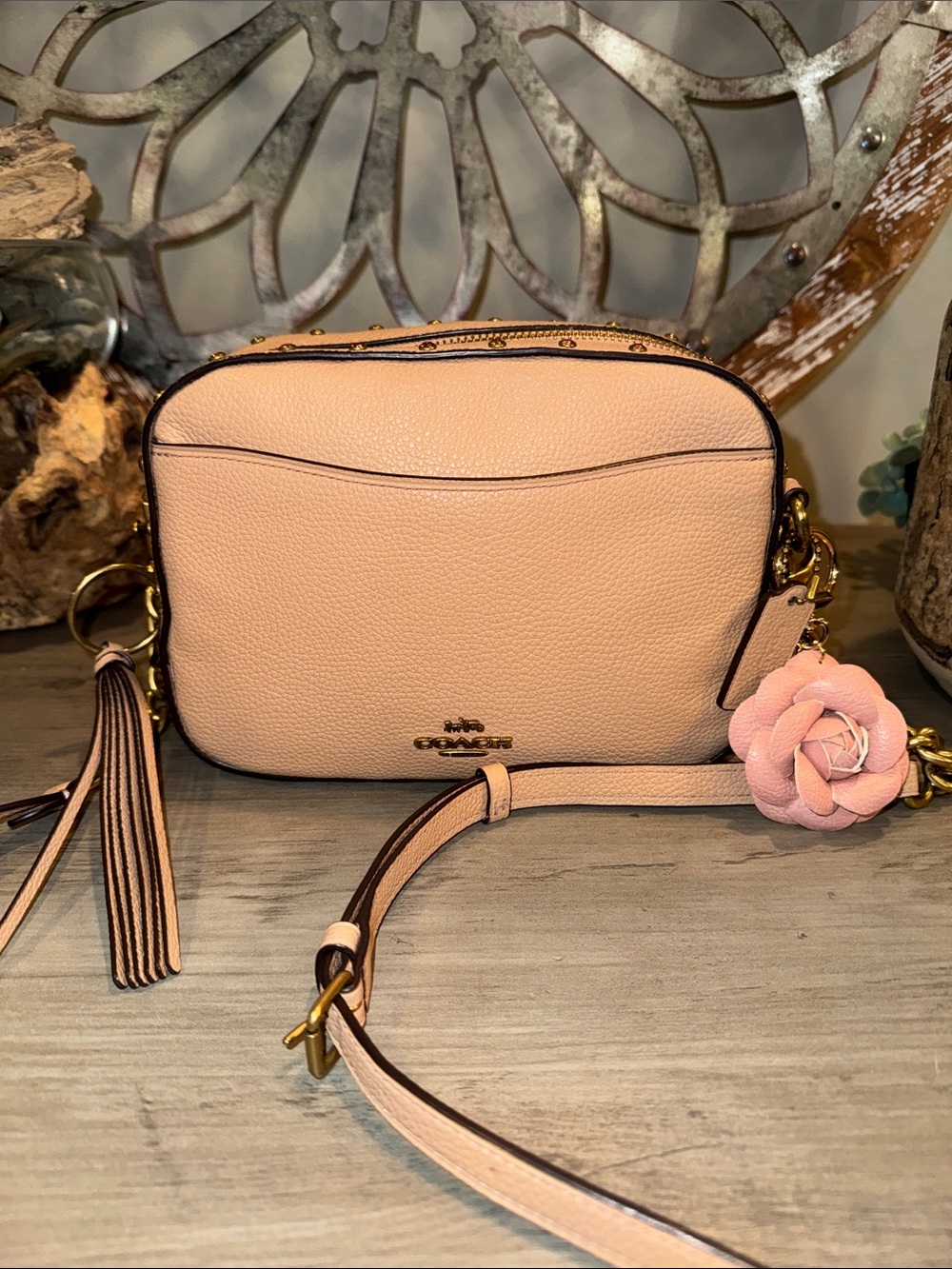 Coach Crystal Blush-Beige Pebbled Leather Crossbody w/ Tassel, tag &Flower Charm